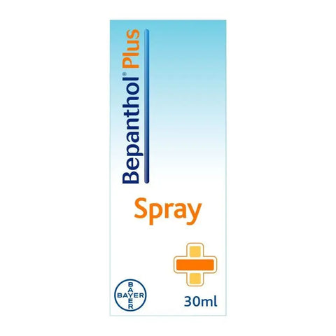 Bepanthol Plus Spray 30ml for skin hygiene and care, featuring a spray bottle with a white cap and label on a clean background.