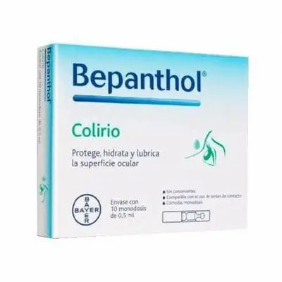 Bepanthol sterile eye drops in 10 single-dose vials, 0.5ml each, by Jag Couture London New York, shown in a blister pack