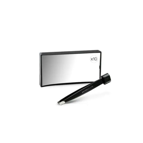 Rectangular mirror with magnification X10 and included tweezer, by Jag Couture London New York, for precise grooming and makeup.