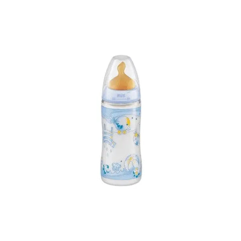 Blue Nuk 300ml baby bottle with measurement markings, featuring a soft silicone nipple and ergonomic design from Jag Couture London New York