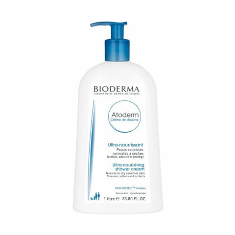 Bioderma Atoderm Shower Cream 1000ml bottle, gentle skincare product with a white pump dispenser, on a plain background