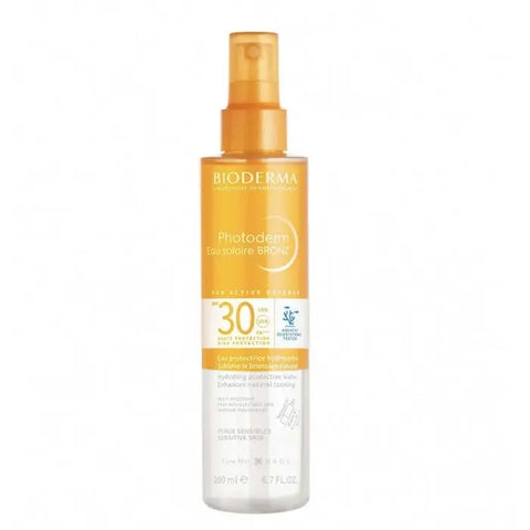 Bioderma Photoderm Eau Solaire Bronz SPF30 sun spray in 200ml bottle, suitable for sun protection and tanning.
