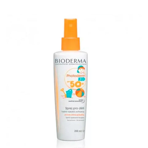 Bioderma Photoderm Kid SPF50+ children spray in a 200ml bottle, designed for kids' sun protection, with a spray nozzle.