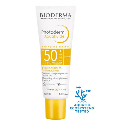 Bioderma Photoderm Max Aquafluide SPF50+ sunscreen bottle with pump dispenser, in sleek packaging, on a white background.