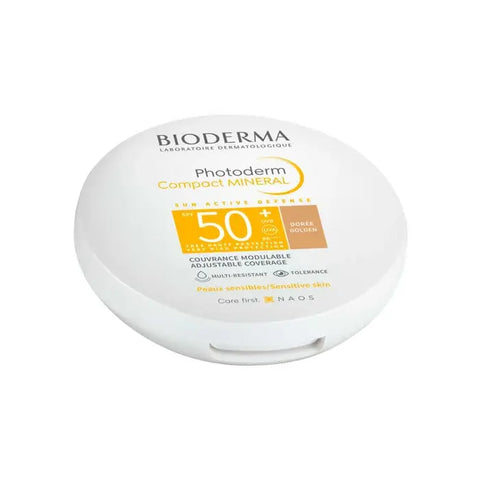 Bioderma Photoderm Max Compact in Teinte Dorée SPF50+, 10g, with a compact case and mirror, used for sun protection and foundation.