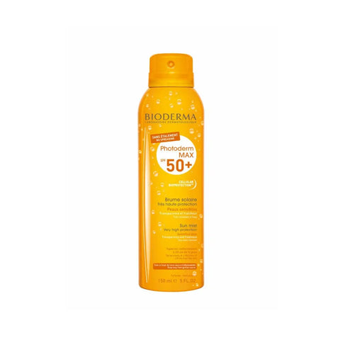 Bioderma Photoderm Max SPF 50+ Sun Mist in 150ml spray bottle, with label showing product details and brand logo.
