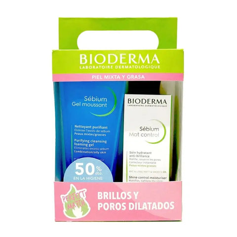 Bioderma Shine and Enlarged Pores Pack with Sebium Foaming Gel 200ml and Sebium Mat Control 30ml for oily skin.