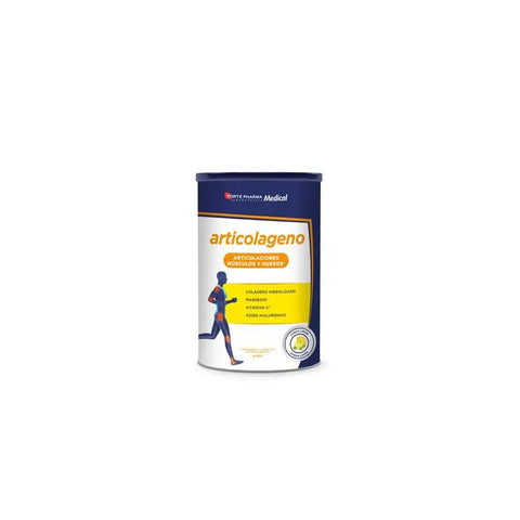 Bioibérica Articolageno lemon-flavored supplement in 349.5g container, featuring a lemon flavor label and product packaging.
