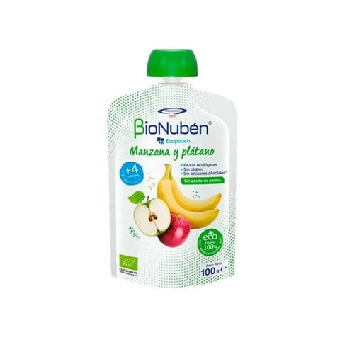 Bionubén Ecopouch apple and banana baby food pouch from Jag Couture London New York, showing the colorful pouch with fruit images.