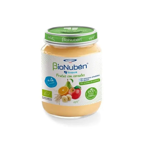 Bionubén Ecopure Fruit with Cereals 200g jar by Jag Couture London New York, showing fresh fruit and cereal ingredients.