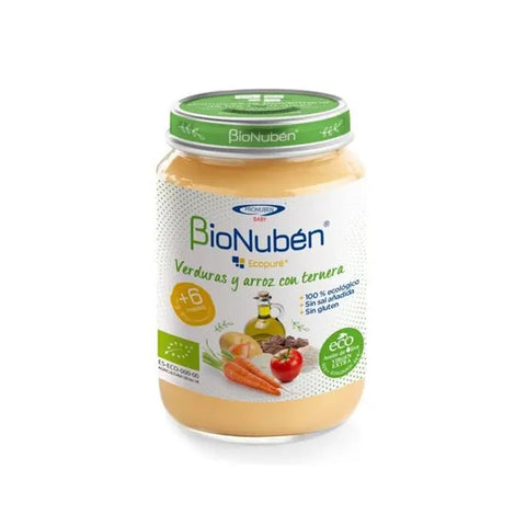 Bionubén Ecopure vegetable, rice, and beef baby food in a 250g jar, from Jag Couture London New York.