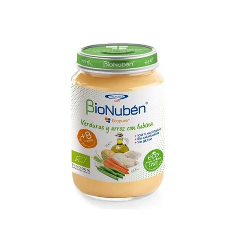 Bionubén Ecopure vegetables, rice, and sea bass in a 250g package, from Jag Couture London New York.