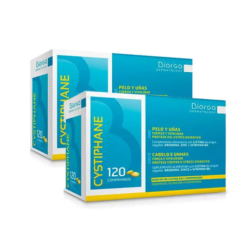 Biorga Cystiphane 2x120 tablets supplement in blister packs, designed for hair and scalp health, by Jag Couture London New York.