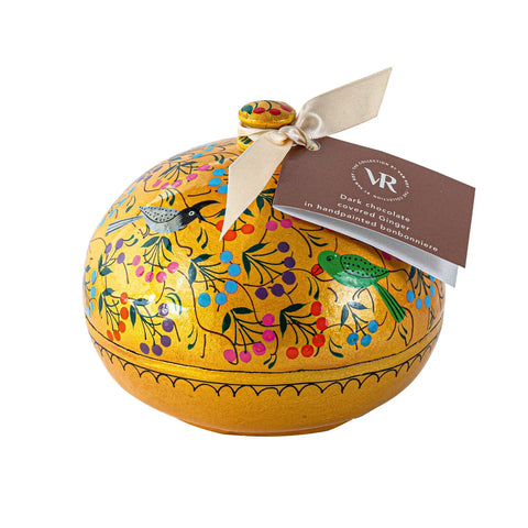 Birds design 5-inch bonbonniere containing dark chocolate-coated ginger pieces, by Jag Couture London - New York.