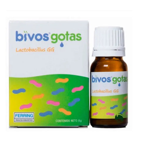 Bivos Drops Lactobacillus GG 8g by Jag Couture London New York, close-up of the probiotic supplement container and dropper.