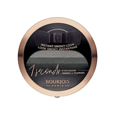 Bourjois 1 Seconde Eyeshadow in Black On Track, 3g, with the compact open showing the smooth black eyeshadow.