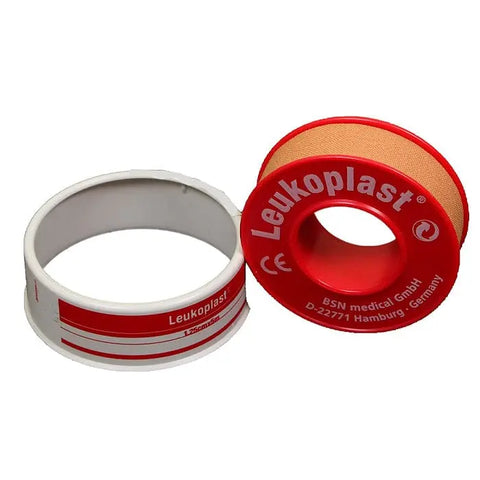 Flesh-colored Leukoplast plaster by BSN Medical, 1.25cm x 5m, with beige adhesive tape on a white background.