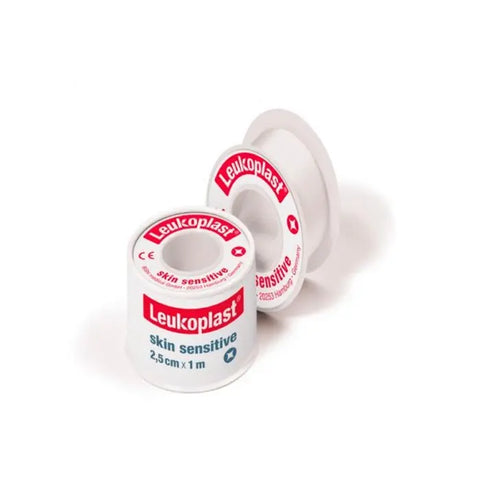 Leukoplast Skin Sensitive medical adhesive tape by Bsn Medical, 2.5cm x 1m, shown on a roll with skin-friendly features.