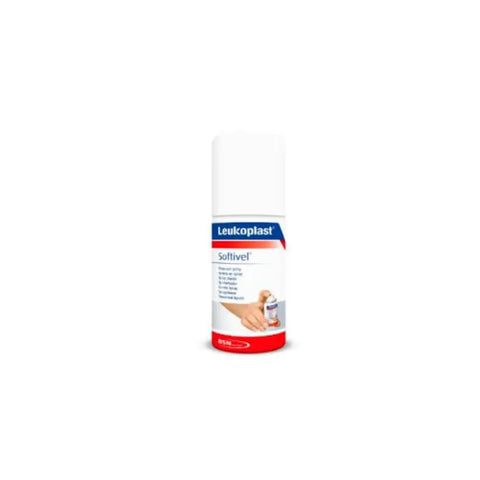 Bsn Medical Leukoplast Softivel Spray 30ml, a medical adhesive spray, shown in a clear bottle with a spray nozzle.