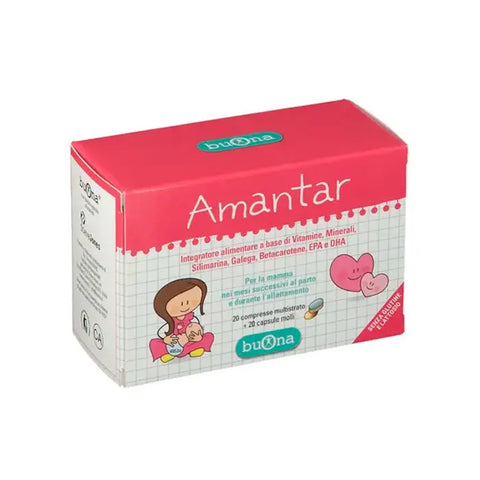 Buona Amantar 20 tablets and 20 capsules by Jag Couture London New York, featuring supplement bottles on a white background.