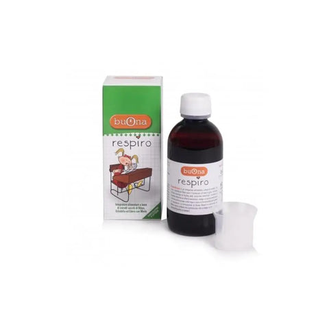 Bottle of Buona Respiro Syrup by Jag Couture London New York, 140ml, with clear label and packaging detail.
