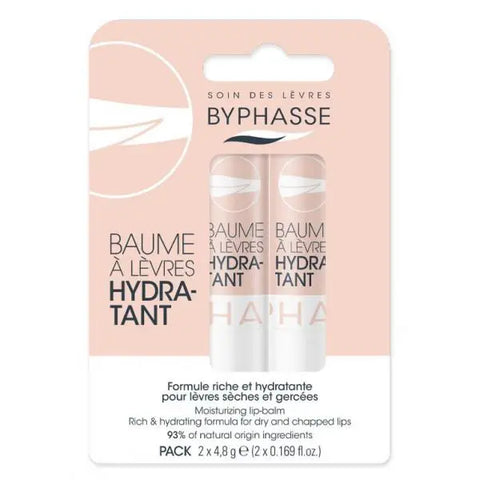 Two tubes of Byphasse moisturizing lip balm showing the packaging with blue and white design, labeled as hydrating lip balm.
