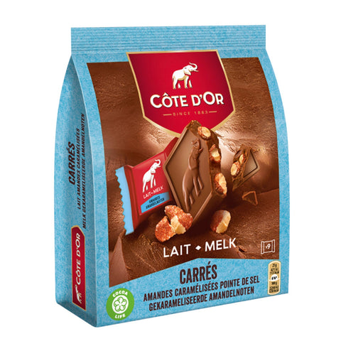 Jag Couture London Cote d'Or Carres Almond milk chocolate squares with caramelized almonds in a pouch, individually wrapped.