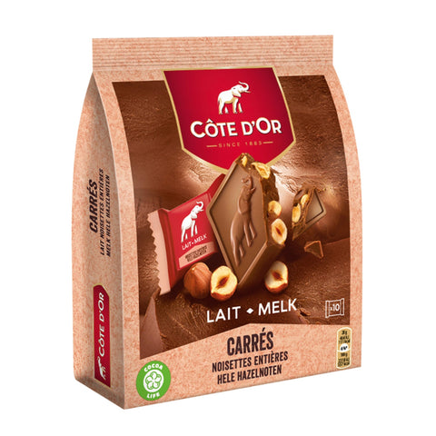 Jag Couture London Cote d'Or Carres Noot milk chocolate squares with hazelnuts in a pouch, individually wrapped, delicious and creamy.