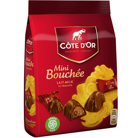 Cote d'Or milk chocolate mini bouchees in a pouch, presented by Jag Couture London - New York, shown in the product image.
