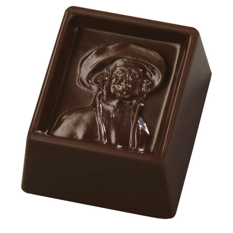 Jag Couture London dark special praline Rubens chocolate in 16g foil wrapper, showcasing rich caramel and chocolate filling.