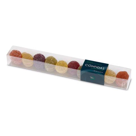 Assorted Pates de Fruits finger box by Jag Couture London New York featuring strawberry, pear, blackcurrant, pineapple, cherry, and apricot flavors.