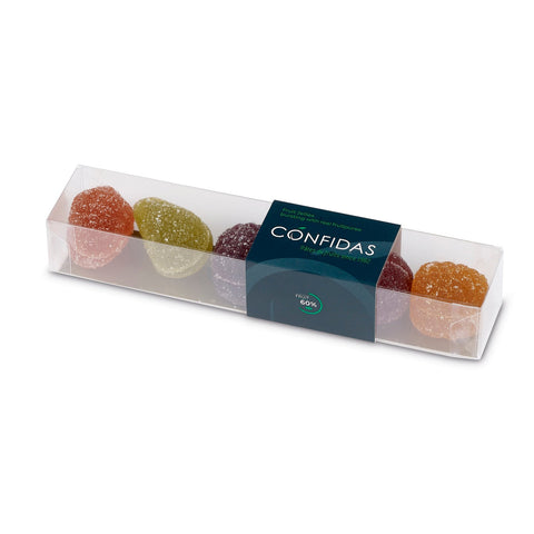 Assorted Pates de Fruits finger box by Jag Couture London, featuring strawberry, pear, blackcurrant, pineapple, cherry, lemon, and plum flavors.