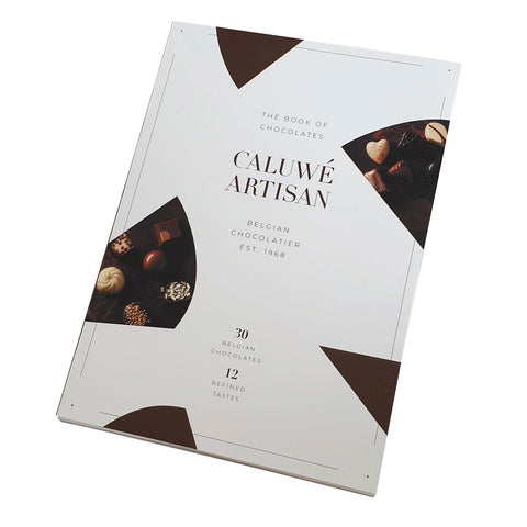 Box of 30 Belgian chocolates from Caluwe Book of Chocolates by Jag Couture London, featuring 12 refined tastes in an elegant packaging.