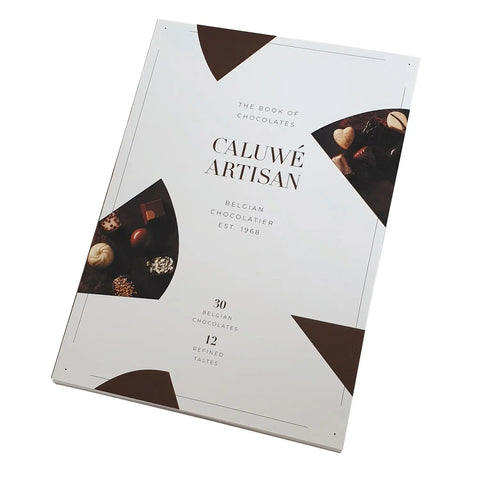 Calue Book of Chocolates by Jag Couture London features 30 Belgian chocolates with 12 refined tastes in a sleek box.