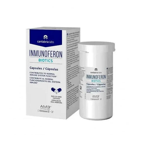 Cantabria Labs Inmunoferon Biotics 10 capsules, supplement bottle with label featuring product details and branding.