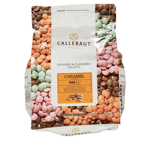 Jag Couture London New York caramel-flavored milk chocolate callets, small round chocolate pieces with rich caramel aroma.