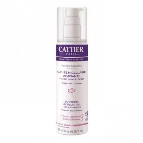 Cattier Paris Gel Micelar Calmante 200ml, gentle skincare gel for soothing and cleansing the skin, displayed in a clear bottle.
