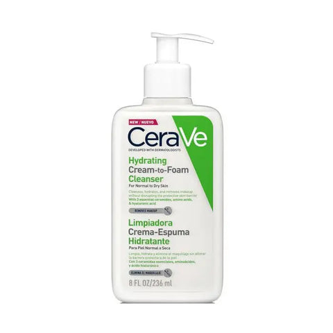 CeraVe Hydrating Cream-To-Foam Cleanser for normal to dry skin in a 236ml bottle, shown with the product label and packaging.