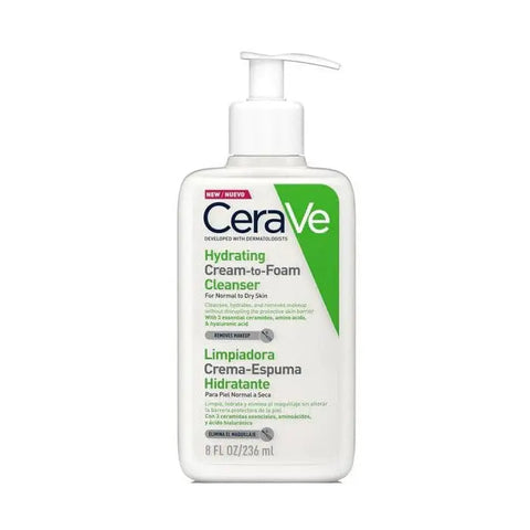 CeraVe Hydrating Cream-To-Foam Cleanser for normal to dry skin, 236ml, in a white bottle with a pump dispenser.