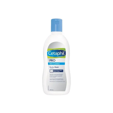Cetaphil Pro Itch Limpiador Corporal 295, gentle body cleanser for sensitive skin, displayed with product packaging.