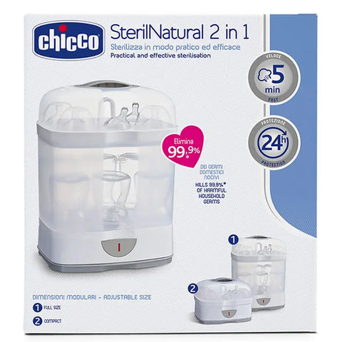 Chicco 2-in-1 Natural Steriliser for baby bottles and accessories, by Jag Couture London New York, shown in a clean, modern design.