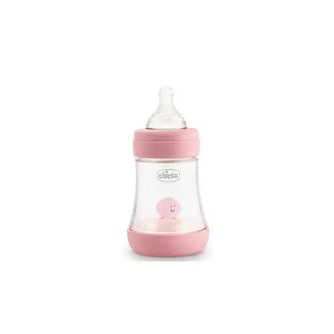 Pink silicone Chicco Perfect5 baby bottle for 0+ months with a 150ml capacity, displayed on a neutral background.