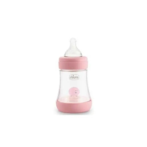 Pink silicone Chicco Perfect5 baby bottle with 150ml capacity, designed for 0 months and up, by Jag Couture London New York.