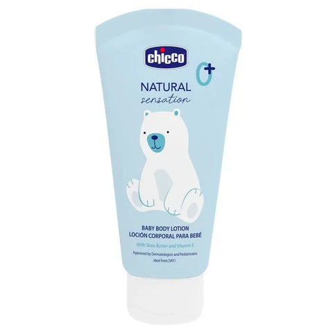 Chicco Natural Sensation Baby Body Lotion 150ml, gentle moisturizer for babies, displayed in a clear bottle with a white cap.