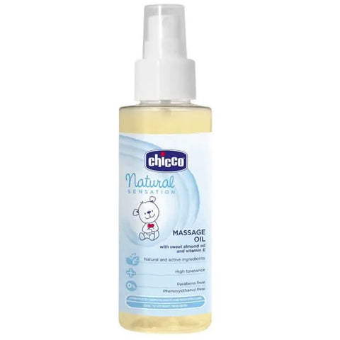 Chicco Natural Sensation Massage Oil in 100ml bottle, designed for gentle skin soothing by Jag Couture London New York.