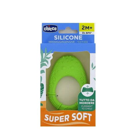 Chicco Supersoft Avocado Teether for 2 months+ with soft, textured surface and bright green avocado design, by Jag Couture London New York.
