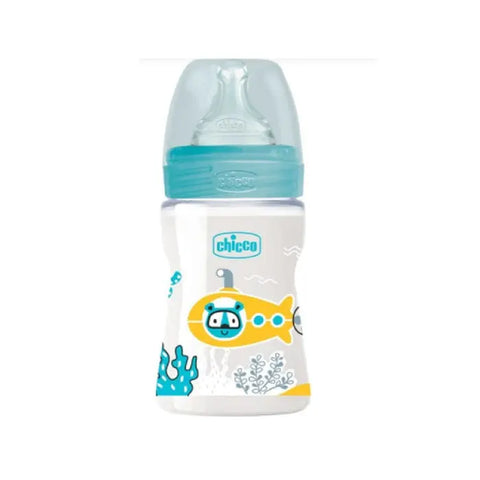 Chicco Well-Being Colors silicone feeding bottle with blue anti-colic system, slow flow, 150ml, for infants 0 months and older.