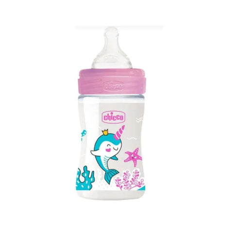 Chicco Well-Being Colors silicone feeding bottle with pink color, slow flow anti-colic system, suitable for 0+ months, 150ml.