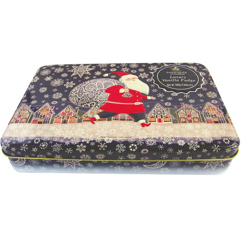 Santa tin of vanilla fudge from Jag Couture London New York, featuring a festive Christmas-themed metal container with vanilla fudge inside.