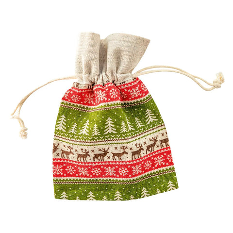 Christmas-themed cotton drawstring bag by Jag Couture London-New York, measuring 17x12cm, with festive holiday design.